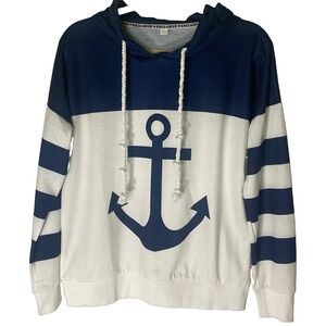Exclusive Navy White‎ Nautical Hoodie Women's Large Lightweight Long Sleeve Top